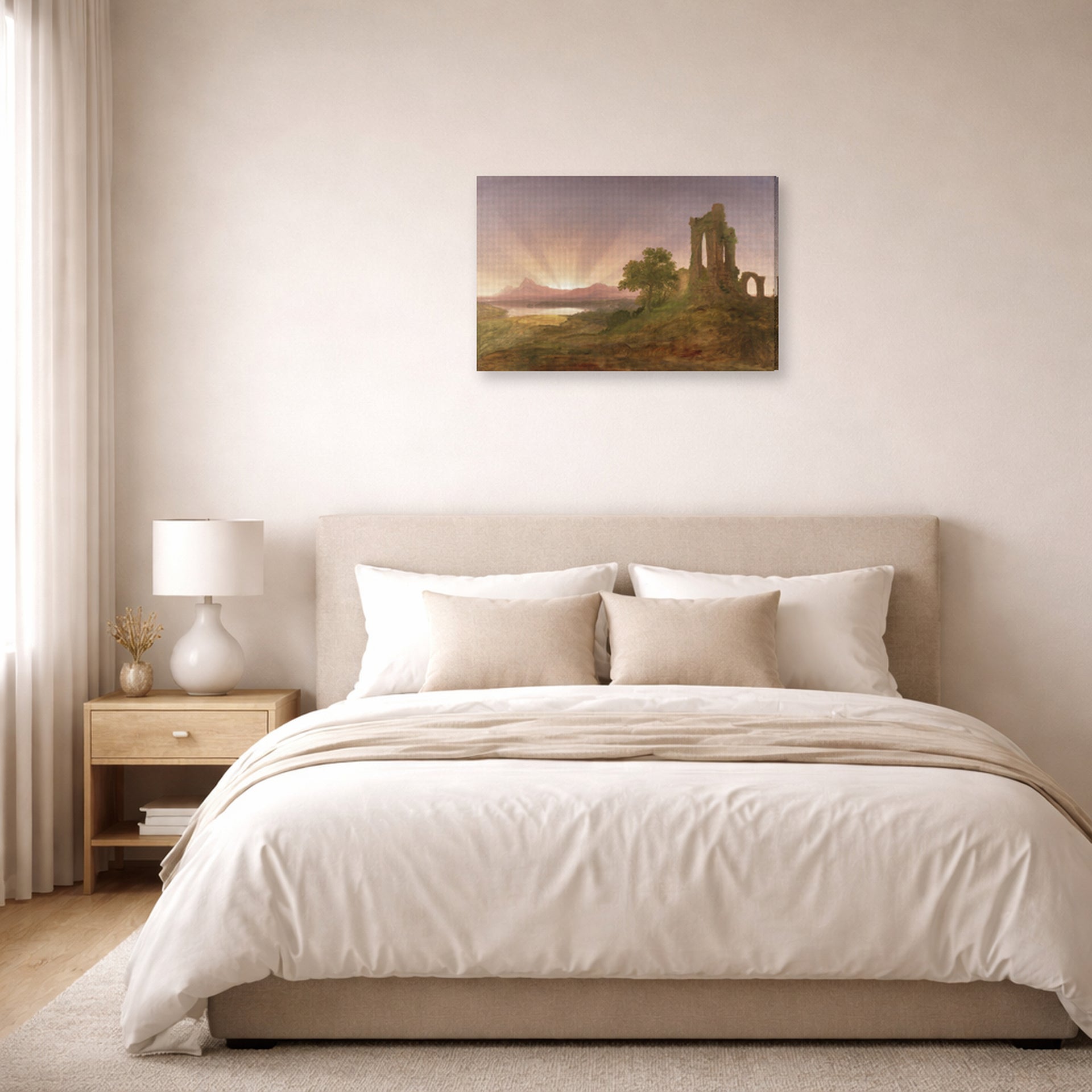 Gallery-wrapped canvas print of Thomas Cole's Gothic Ruins displayed on a wall in a bedroom