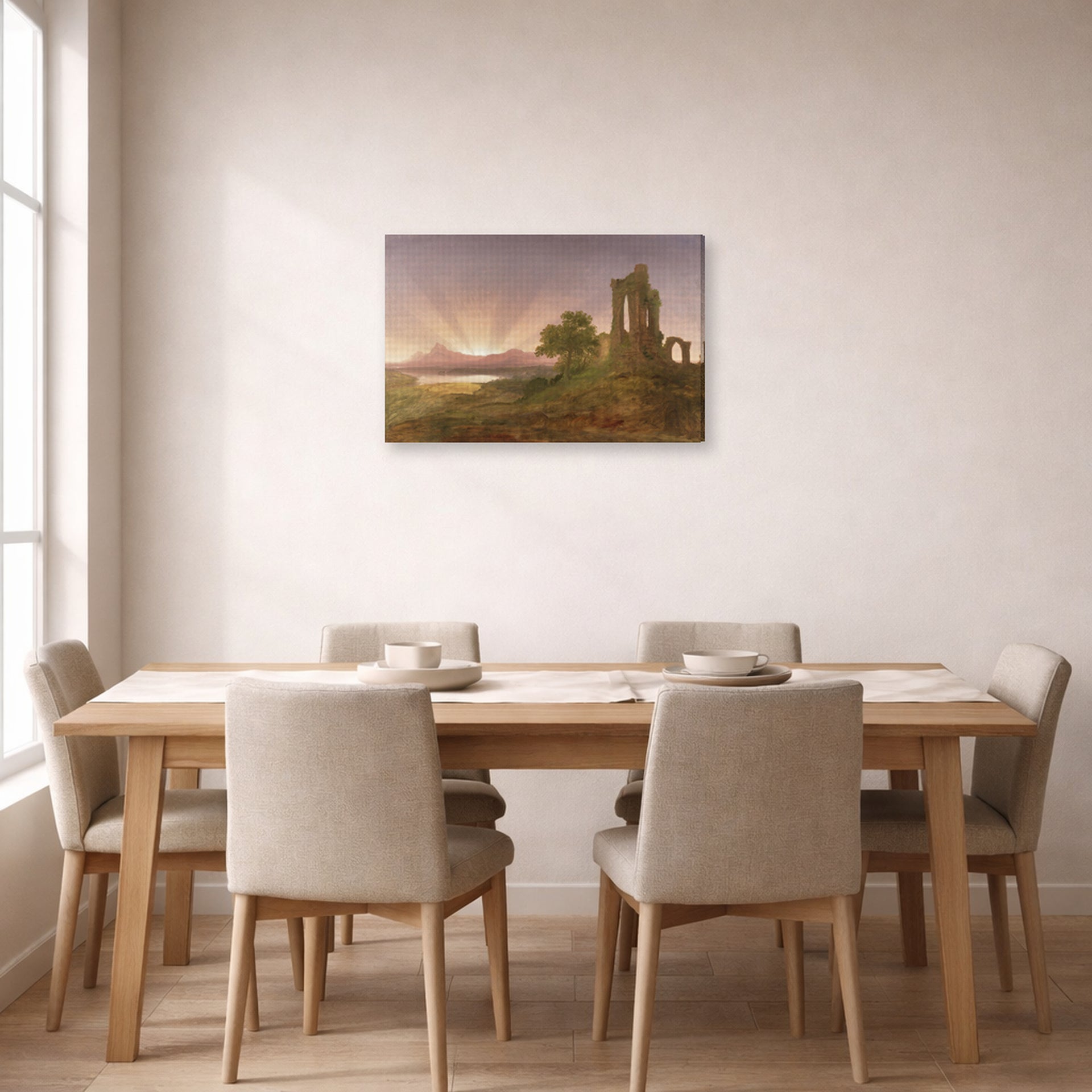 Gallery-wrapped canvas print of Thomas Cole's Gothic Ruins displayed on a wall in a dining room