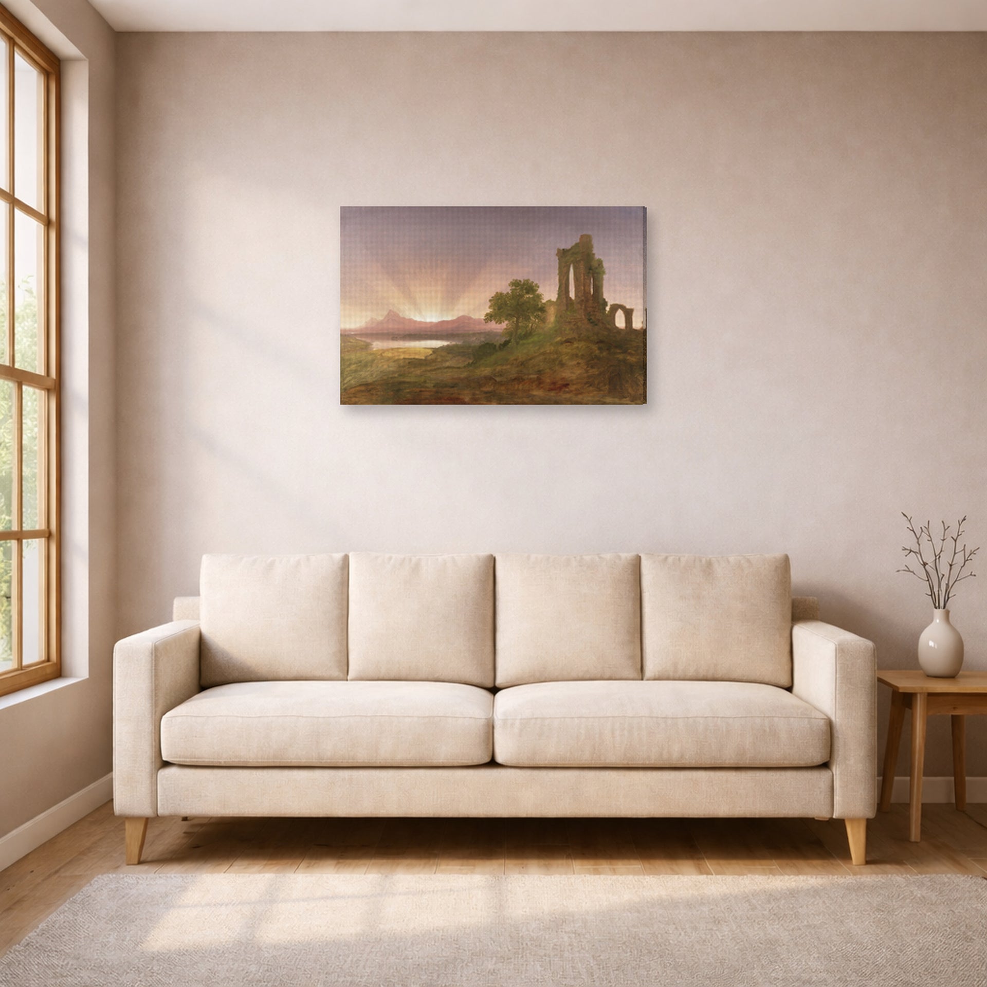 Gallery-wrapped canvas print of Thomas Cole's Gothic Ruins displayed on a wall in a living room