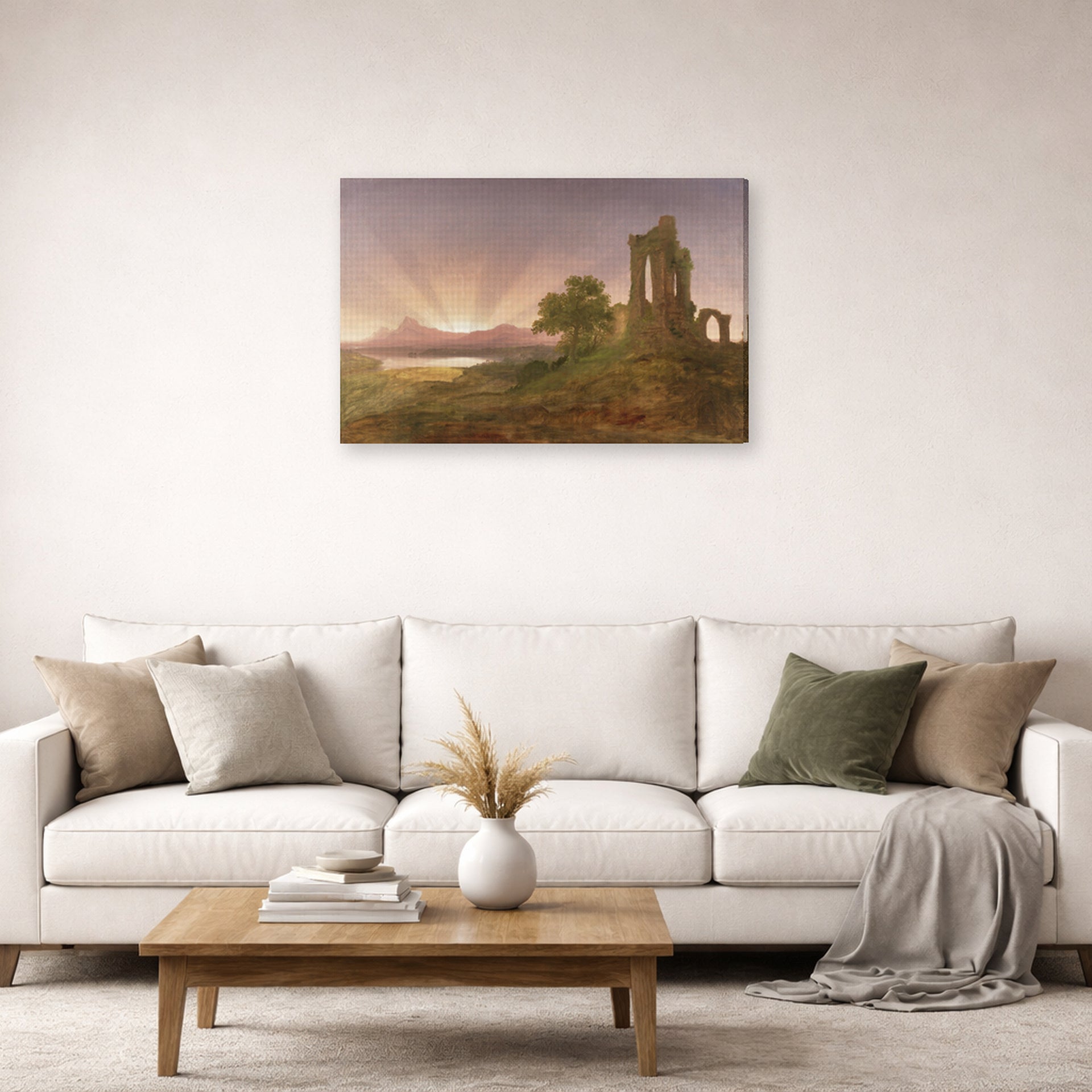 Gallery-wrapped canvas print of Thomas Cole's Gothic Ruins displayed on a wall in a living room