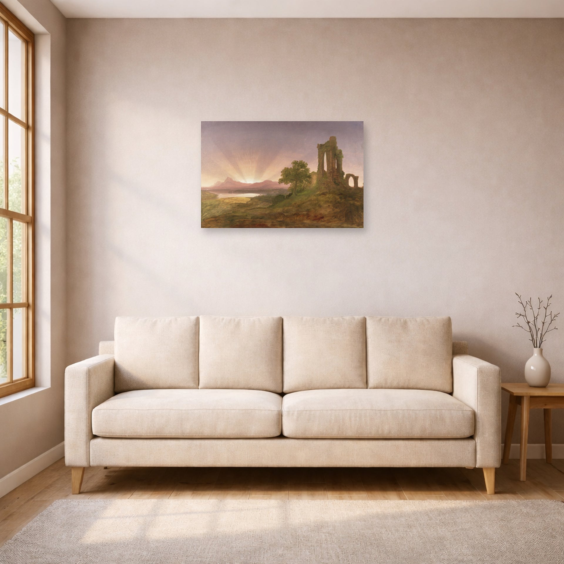 Unframed poster print of Thomas Cole's Gothic Ruins displayed on a wall in a living room