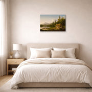 Gallery-wrapped canvas print of Thomas Cole's Home in the Woods displayed on a wall in a bedroom