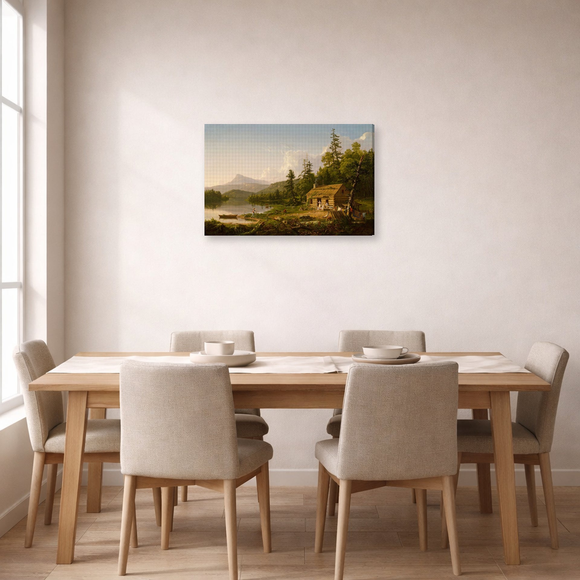 Gallery-wrapped canvas print of Thomas Cole's Home in the Woods displayed on a wall in a dining room