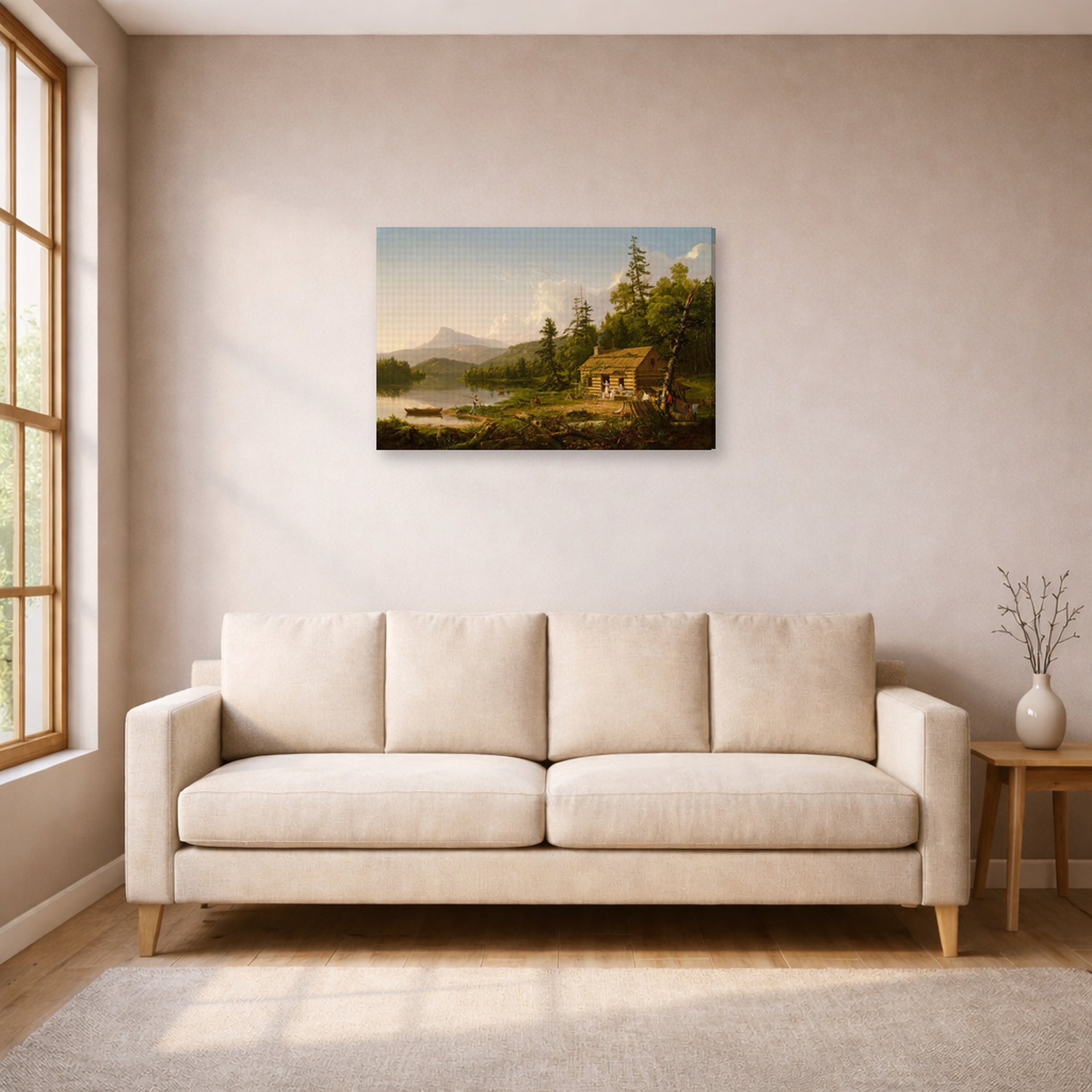 Gallery-wrapped canvas print of Thomas Cole's Home in the Woods displayed on a wall in a living room
