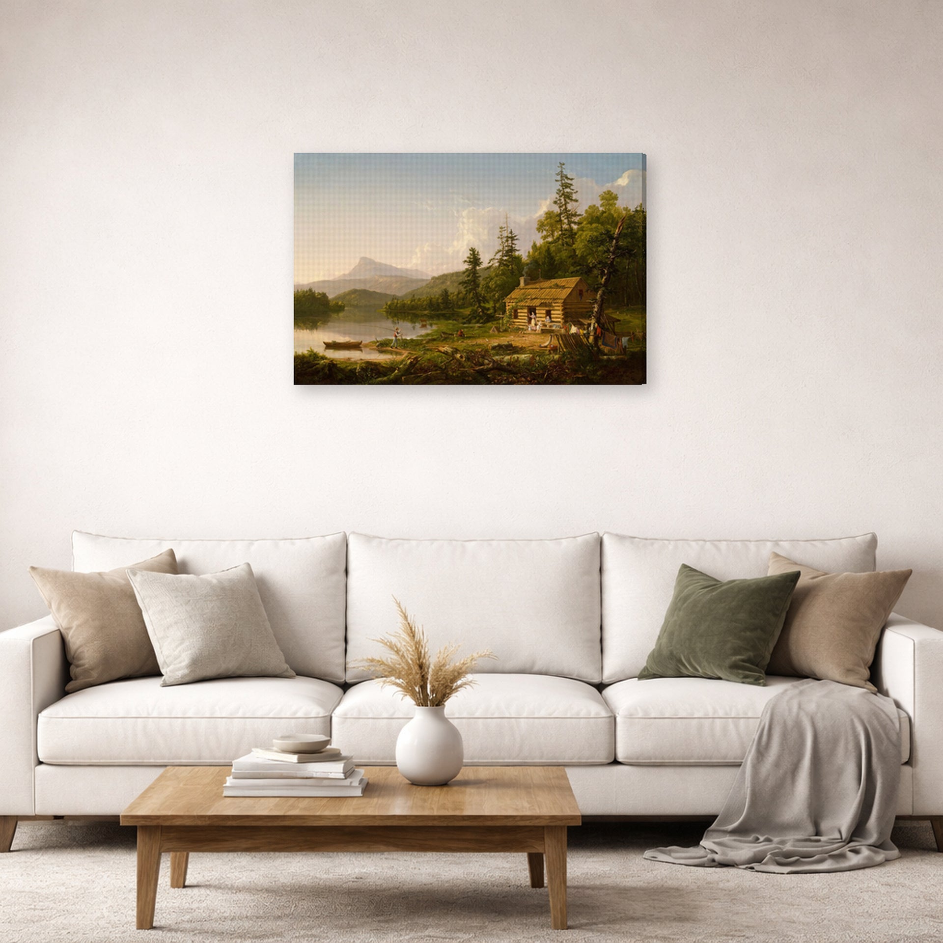 Gallery-wrapped canvas print of Thomas Cole's Home in the Woods displayed on a wall in a living room