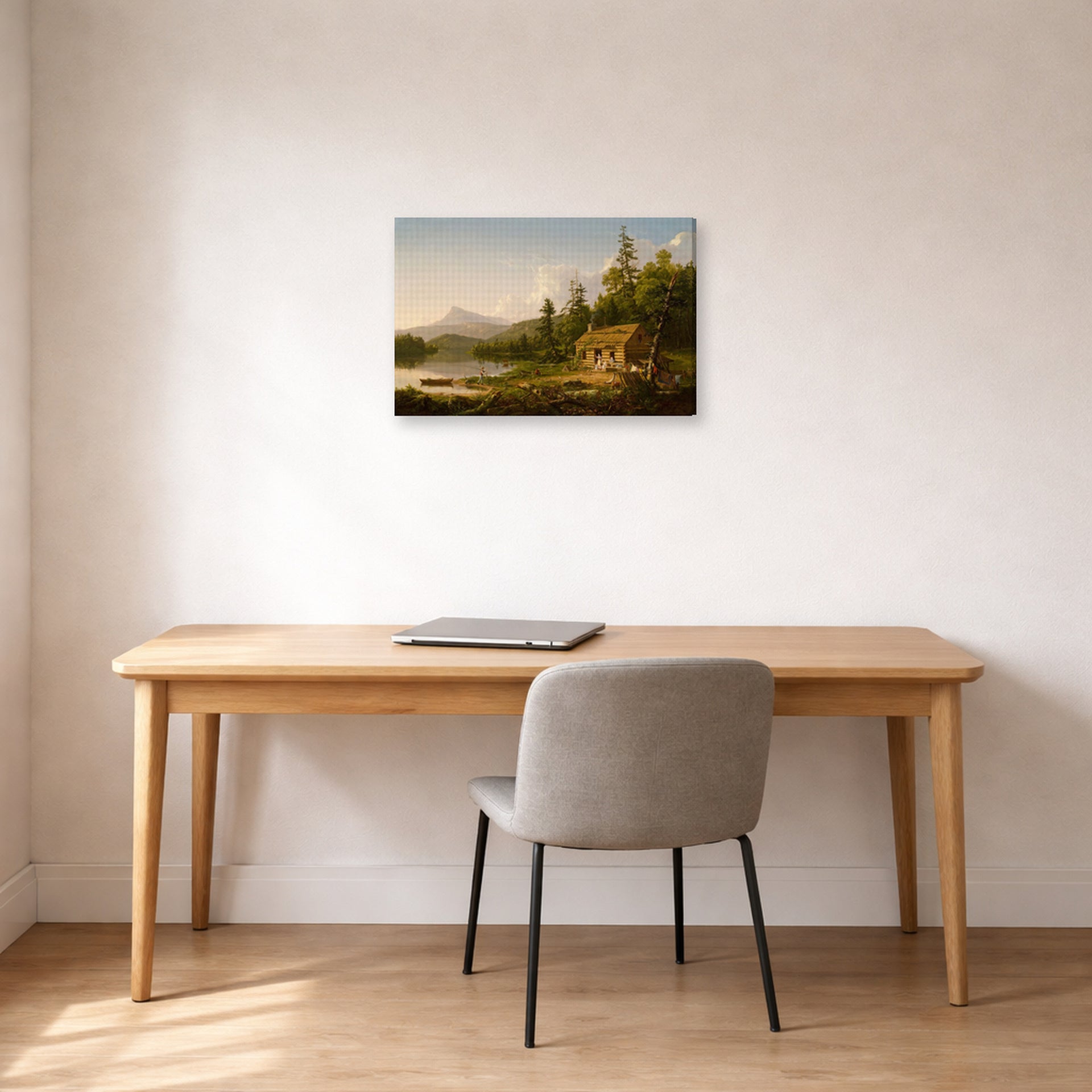 Gallery-wrapped canvas print of Thomas Cole's Home in the Woods displayed on a wall in a office