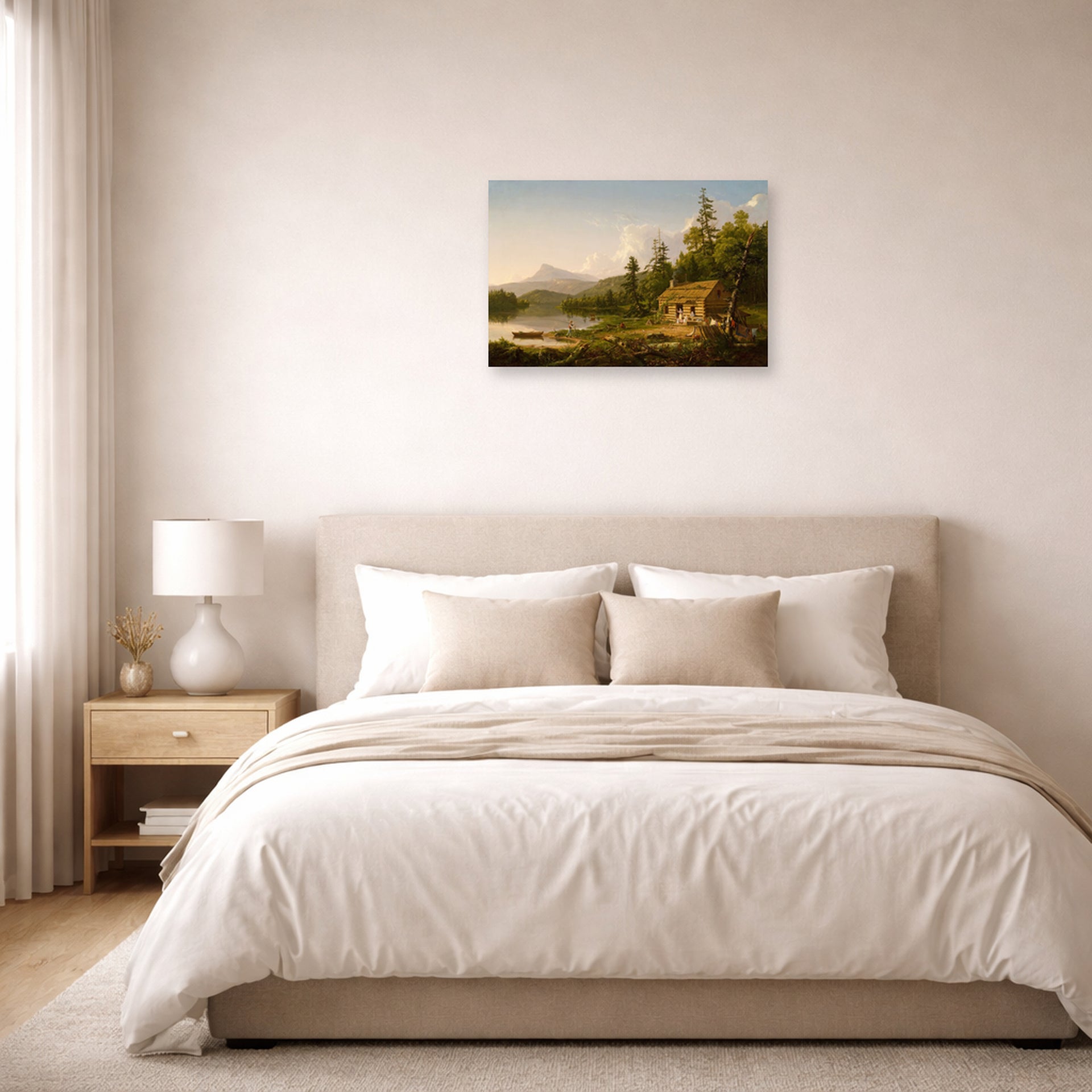Unframed poster print of Thomas Cole's Home in the Woods displayed on a wall in a bedroom