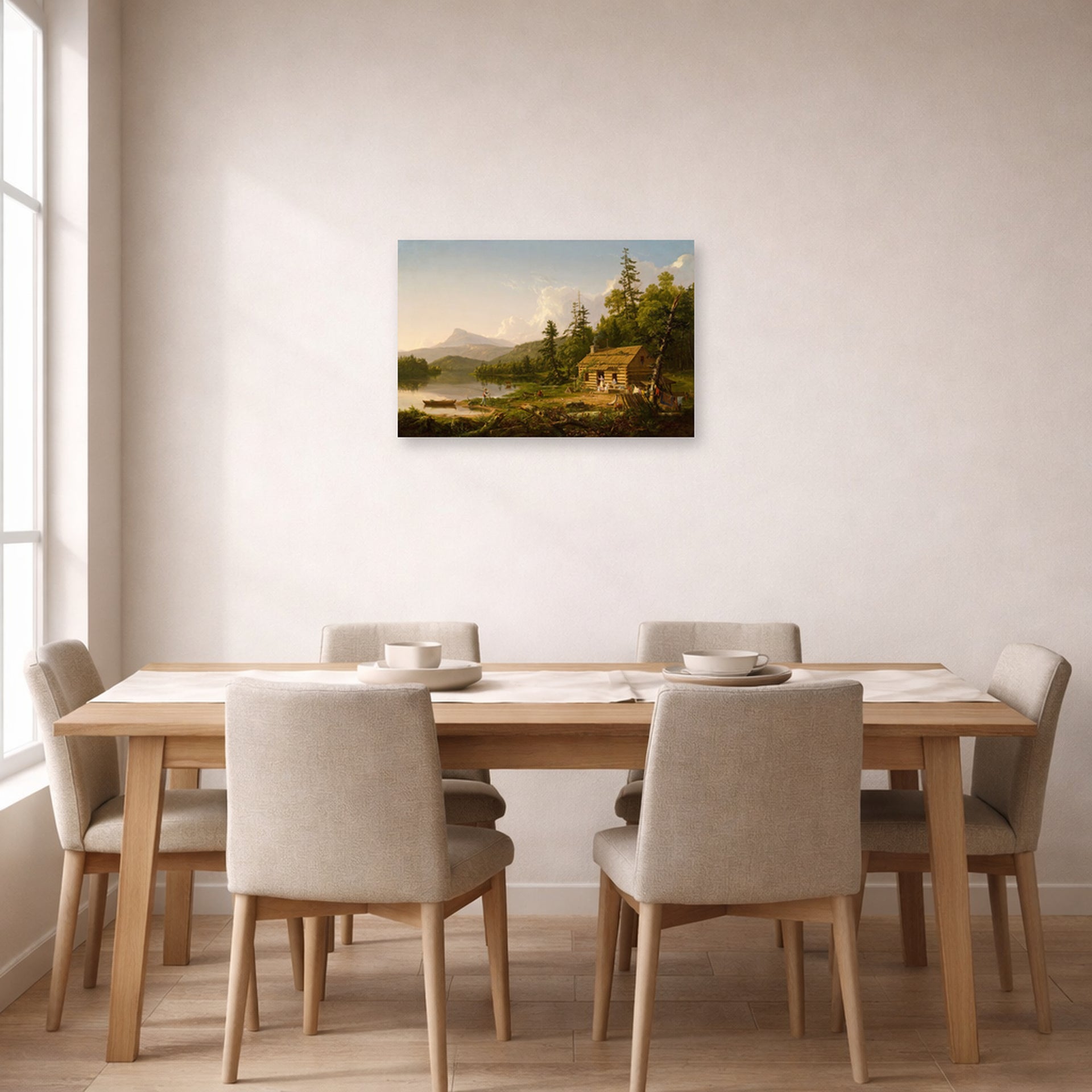 Unframed poster print of Thomas Cole's Home in the Woods displayed on a wall in a dining room