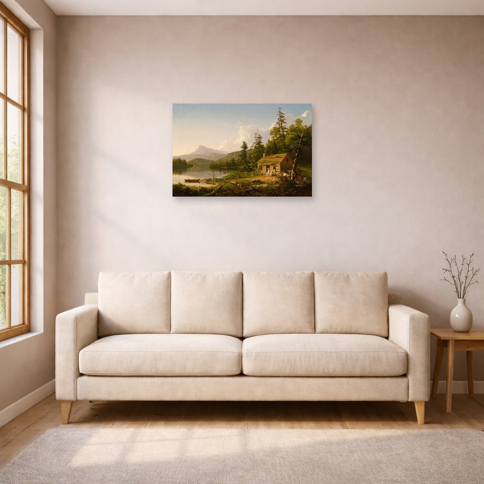 Unframed poster print of Thomas Cole's Home in the Woods displayed on a wall in a living room