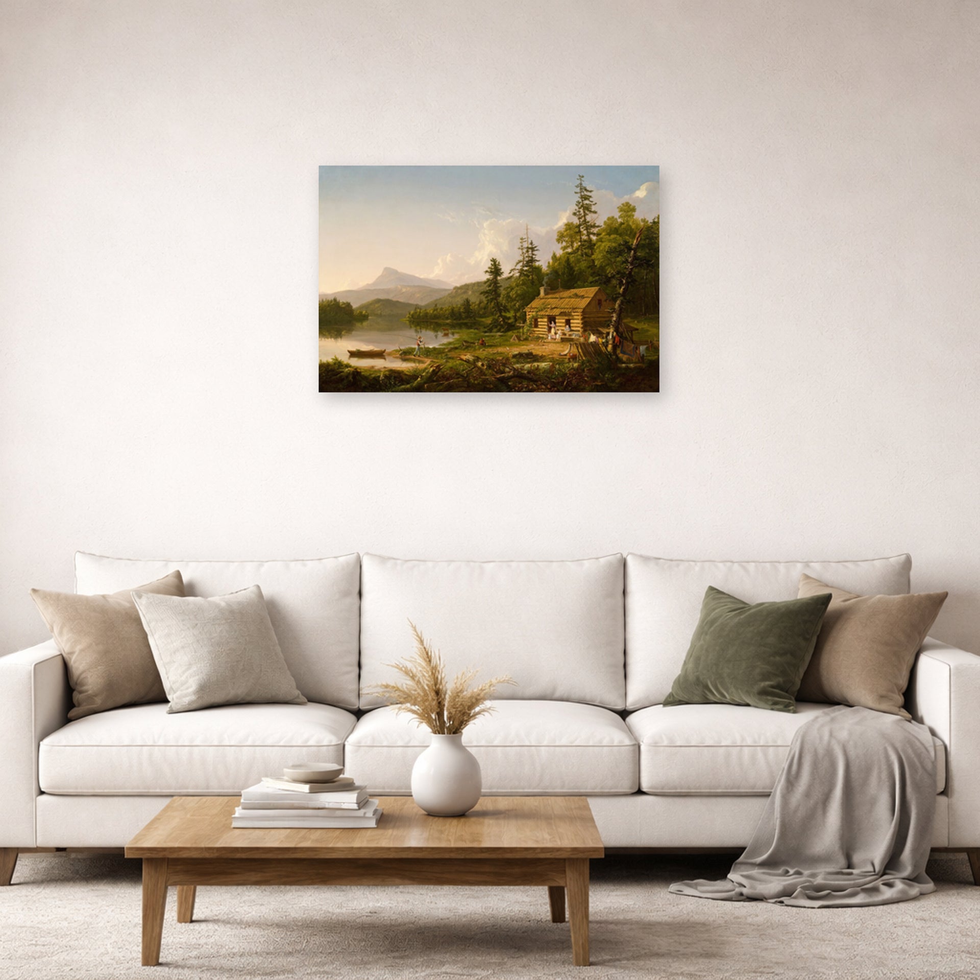 Unframed poster print of Thomas Cole's Home in the Woods displayed on a wall in a living room