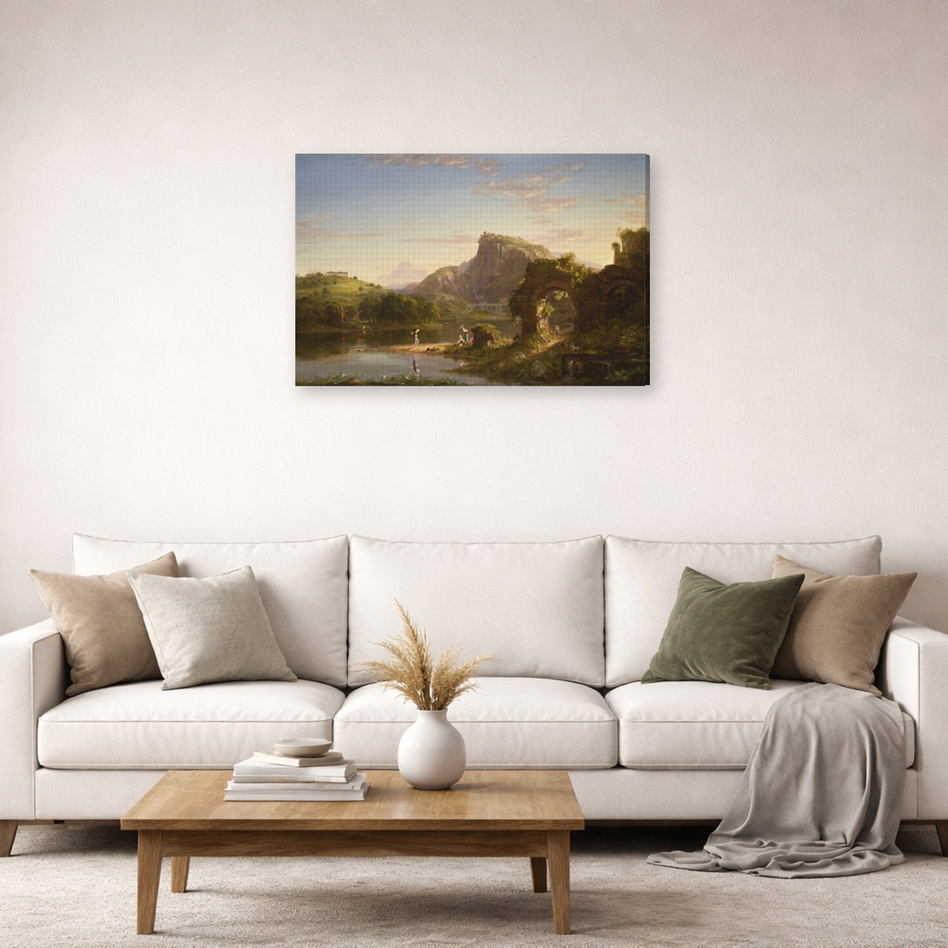 Gallery-wrapped canvas print of Thomas Cole's L'Allegro displayed on a wall in a living room