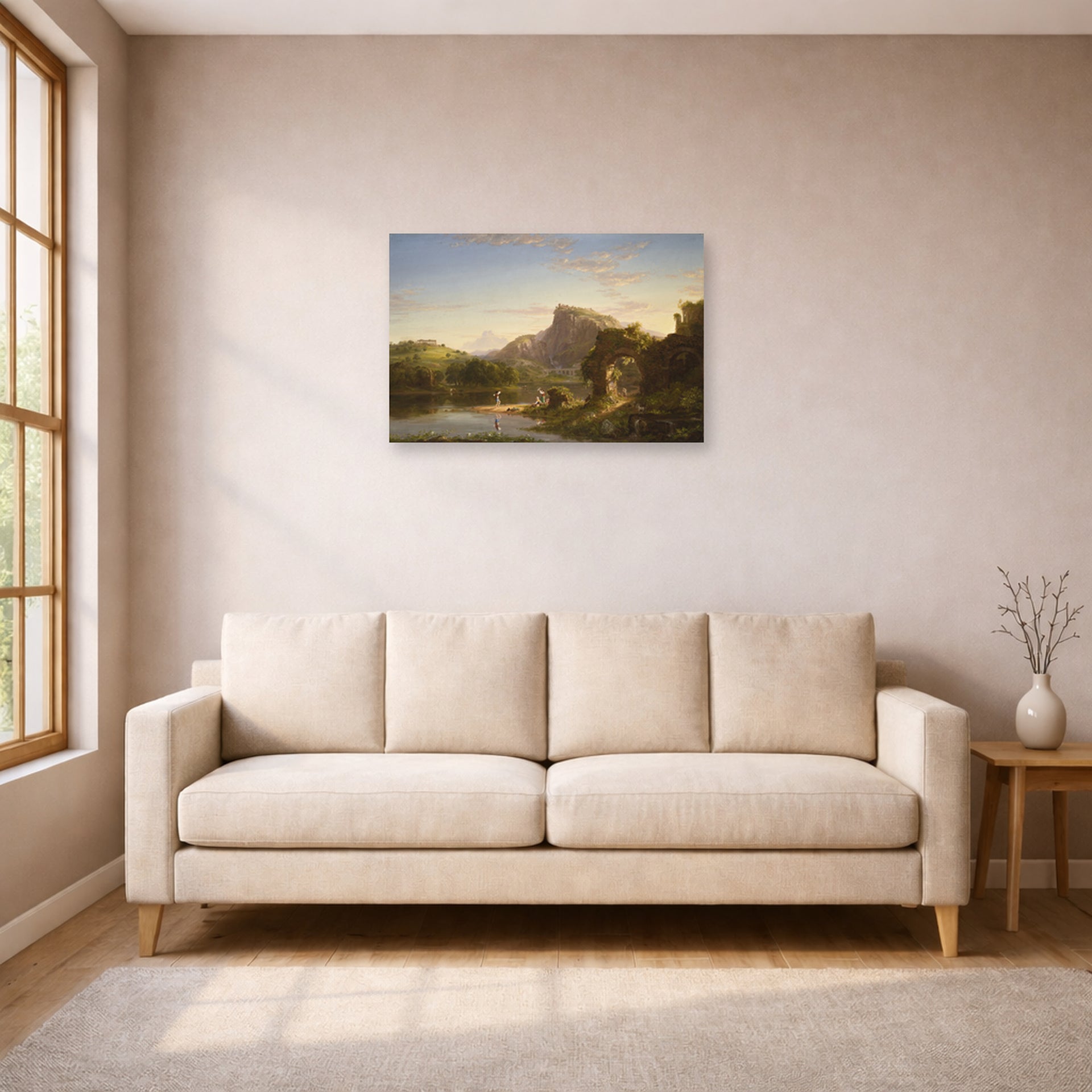 Unframed poster print of Thomas Cole's L'Allegro displayed on a wall in a living room
