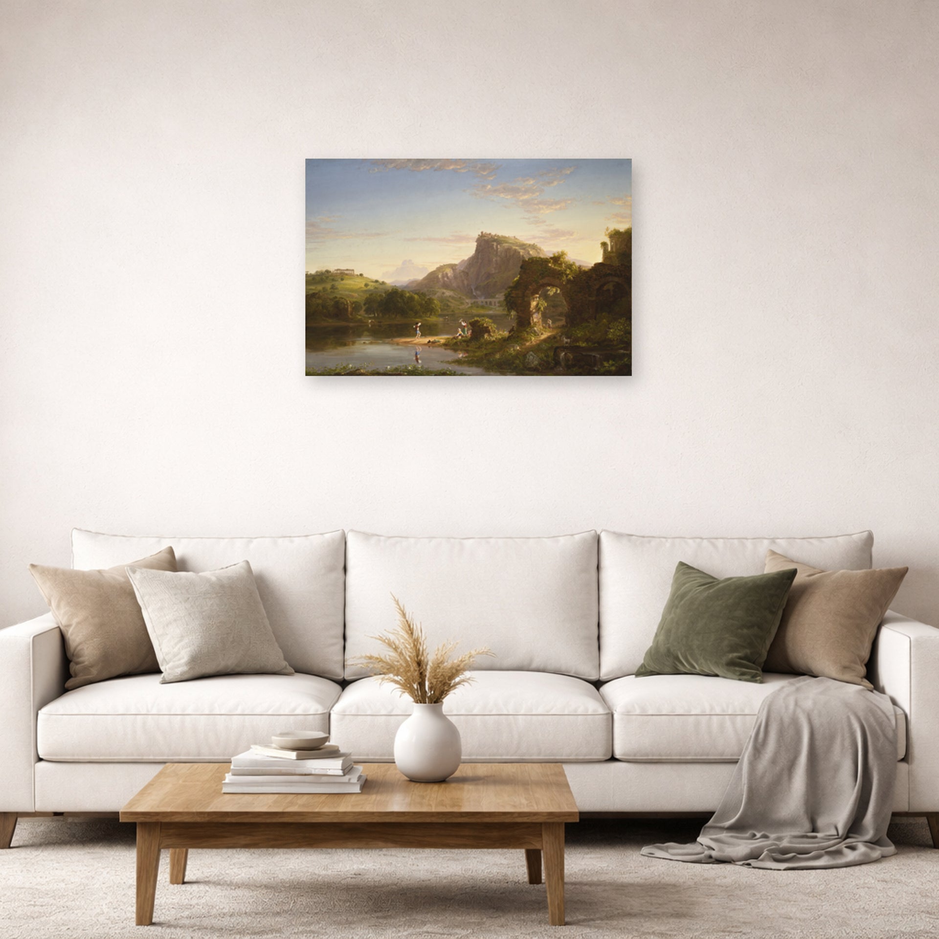 Unframed poster print of Thomas Cole's L'Allegro displayed on a wall in a living room