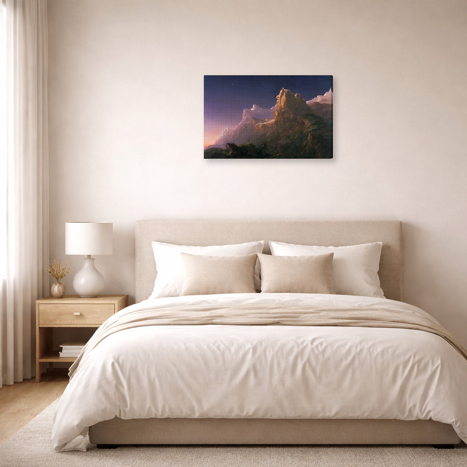 Gallery-wrapped canvas print of Thomas Cole's Prometheus Bound displayed on a wall in a bedroom