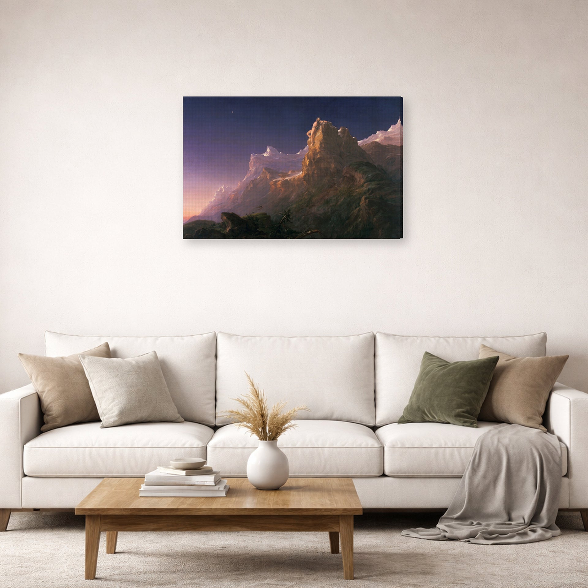 Gallery-wrapped canvas print of Thomas Cole's Prometheus Bound displayed on a wall in a living room