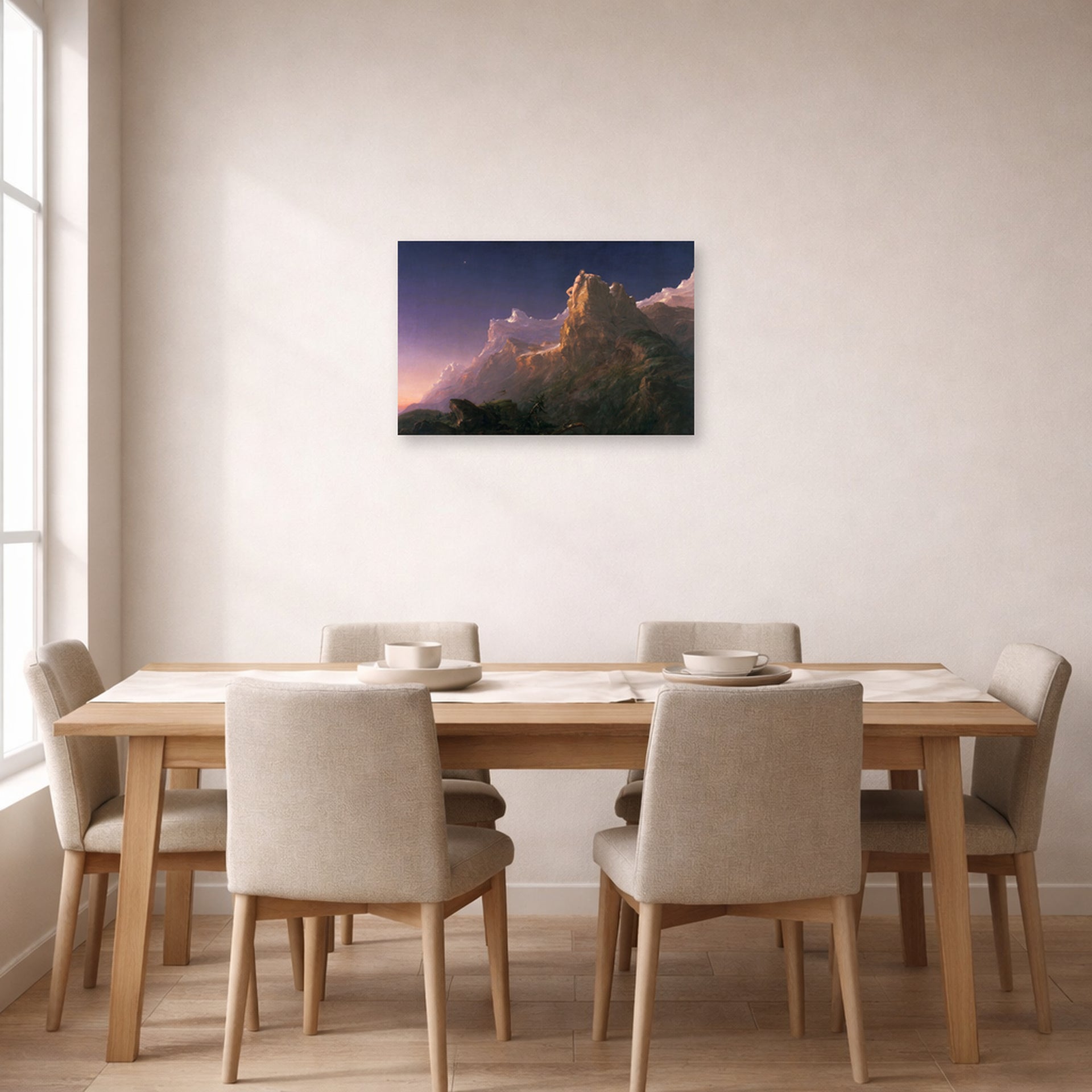 Unframed poster print of Thomas Cole's Prometheus Bound displayed on a wall in a dining room