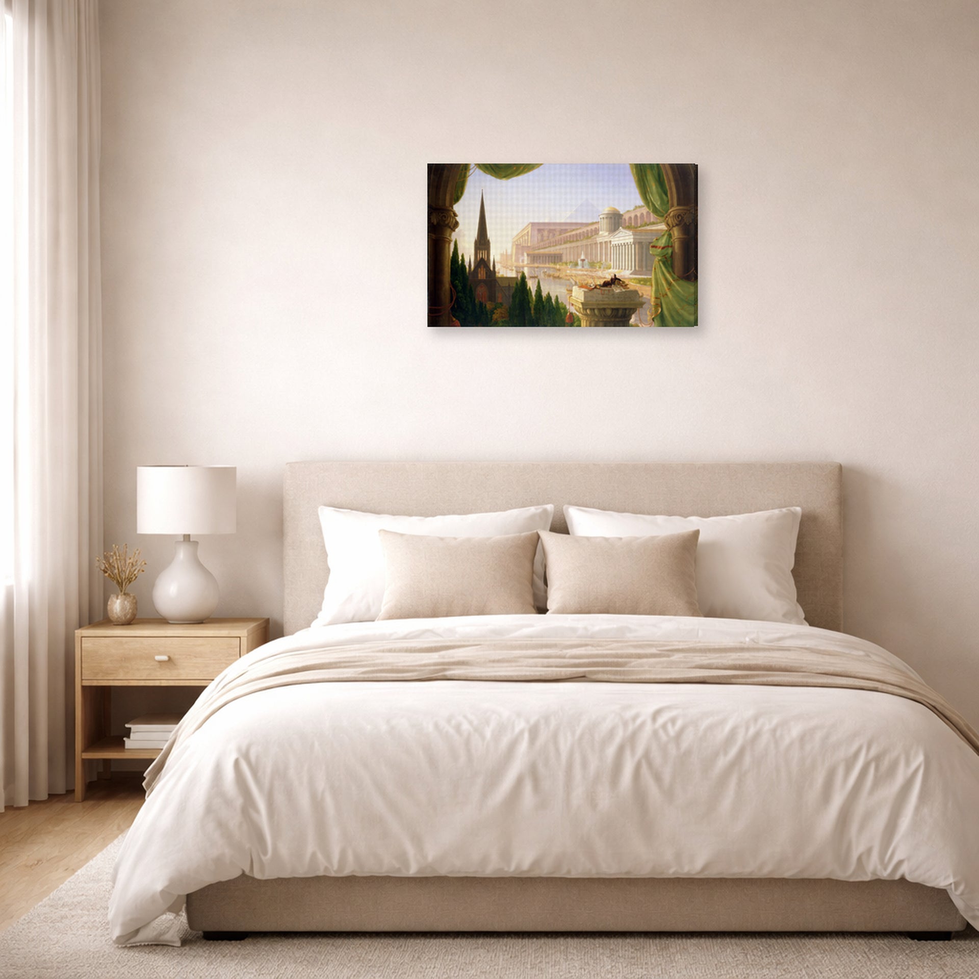 Gallery-wrapped canvas print of Thomas Cole's The Architect's Dream displayed on a wall in a bedroom