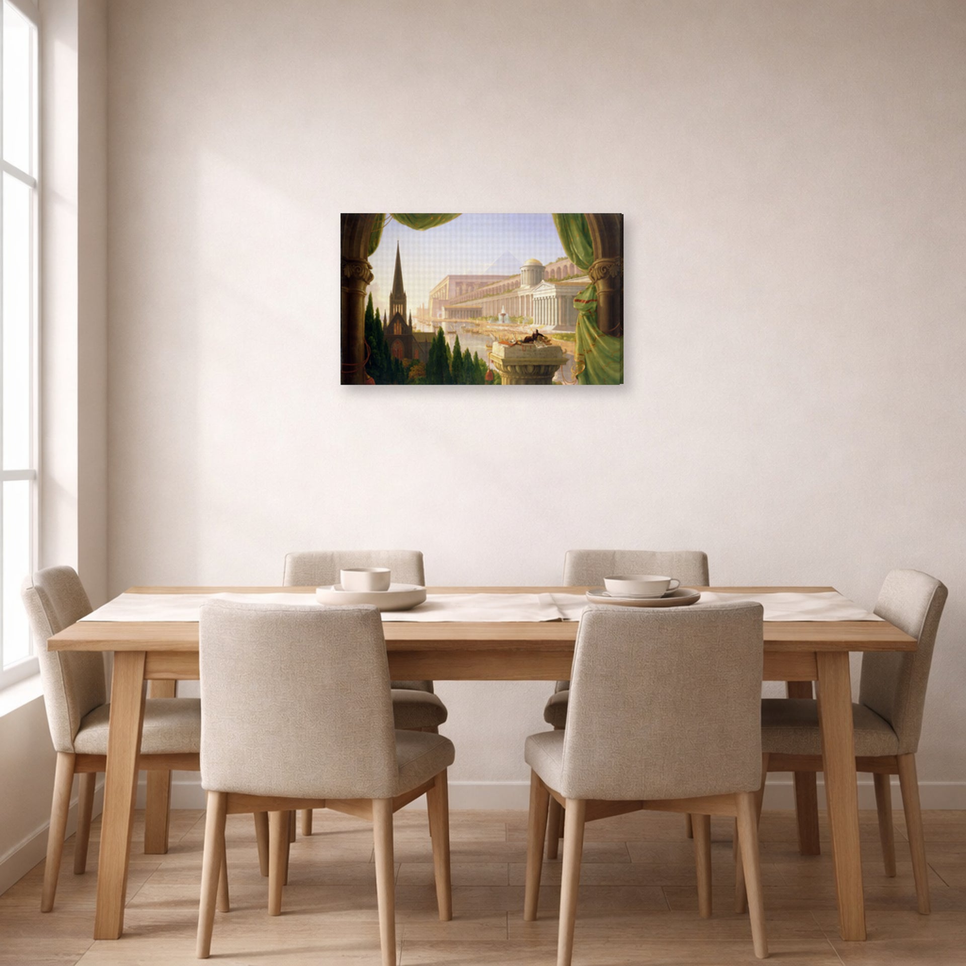 Gallery-wrapped canvas print of Thomas Cole's The Architect's Dream displayed on a wall in a dining room