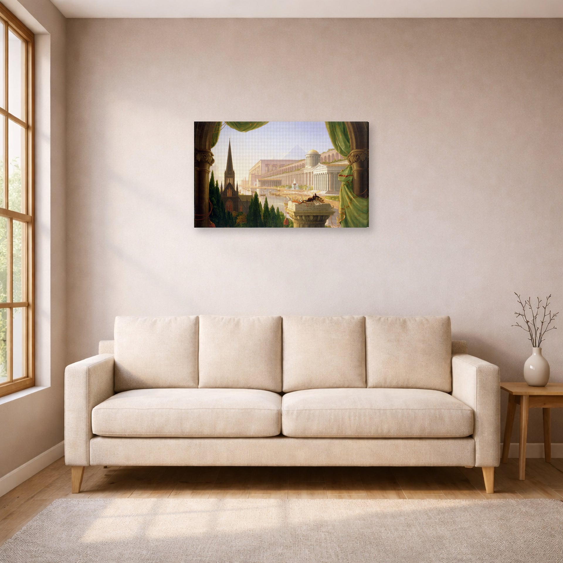 Gallery-wrapped canvas print of Thomas Cole's The Architect's Dream displayed on a wall in a living room