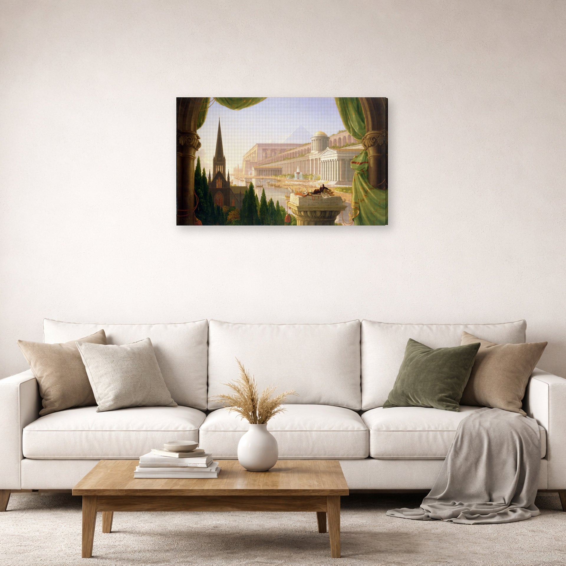 Gallery-wrapped canvas print of Thomas Cole's The Architect's Dream displayed on a wall in a living room