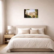Unframed poster print of Thomas Cole's The Architect's Dream displayed on a wall in a bedroom