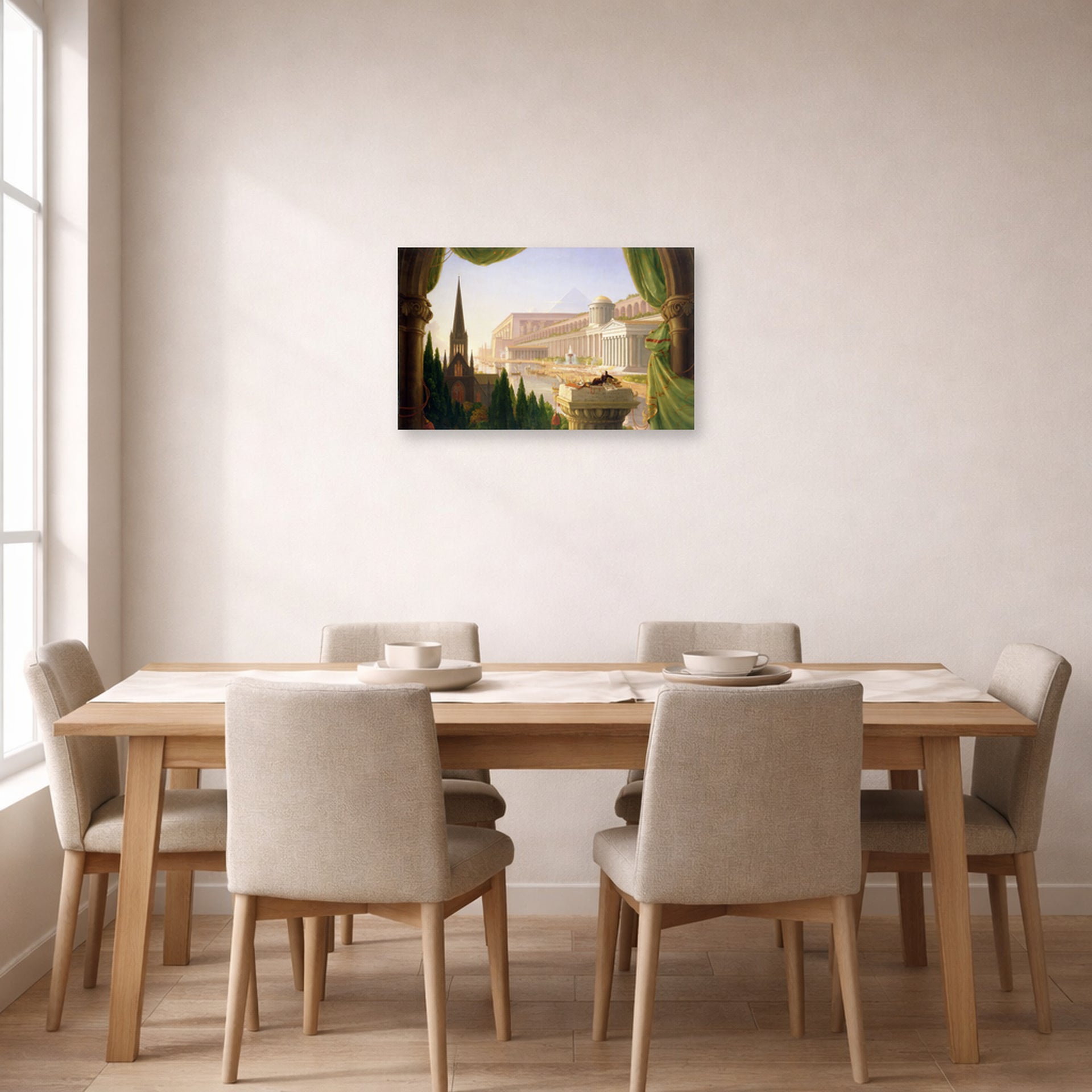 Unframed poster print of Thomas Cole's The Architect's Dream displayed on a wall in a dining room