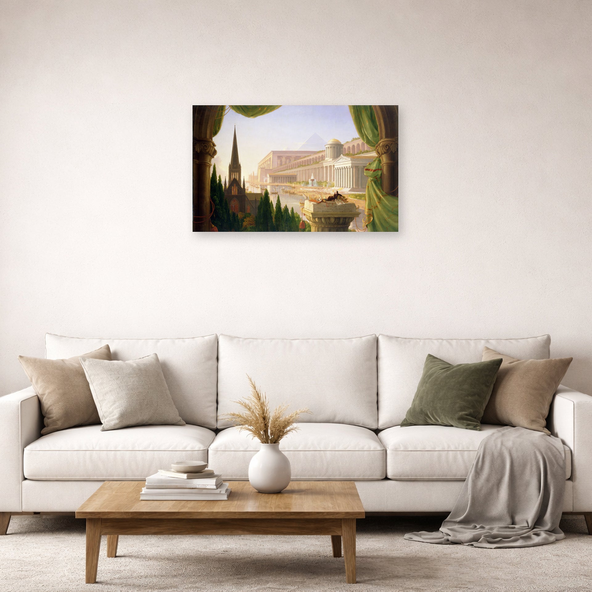Unframed poster print of Thomas Cole's The Architect's Dream displayed on a wall in a living room