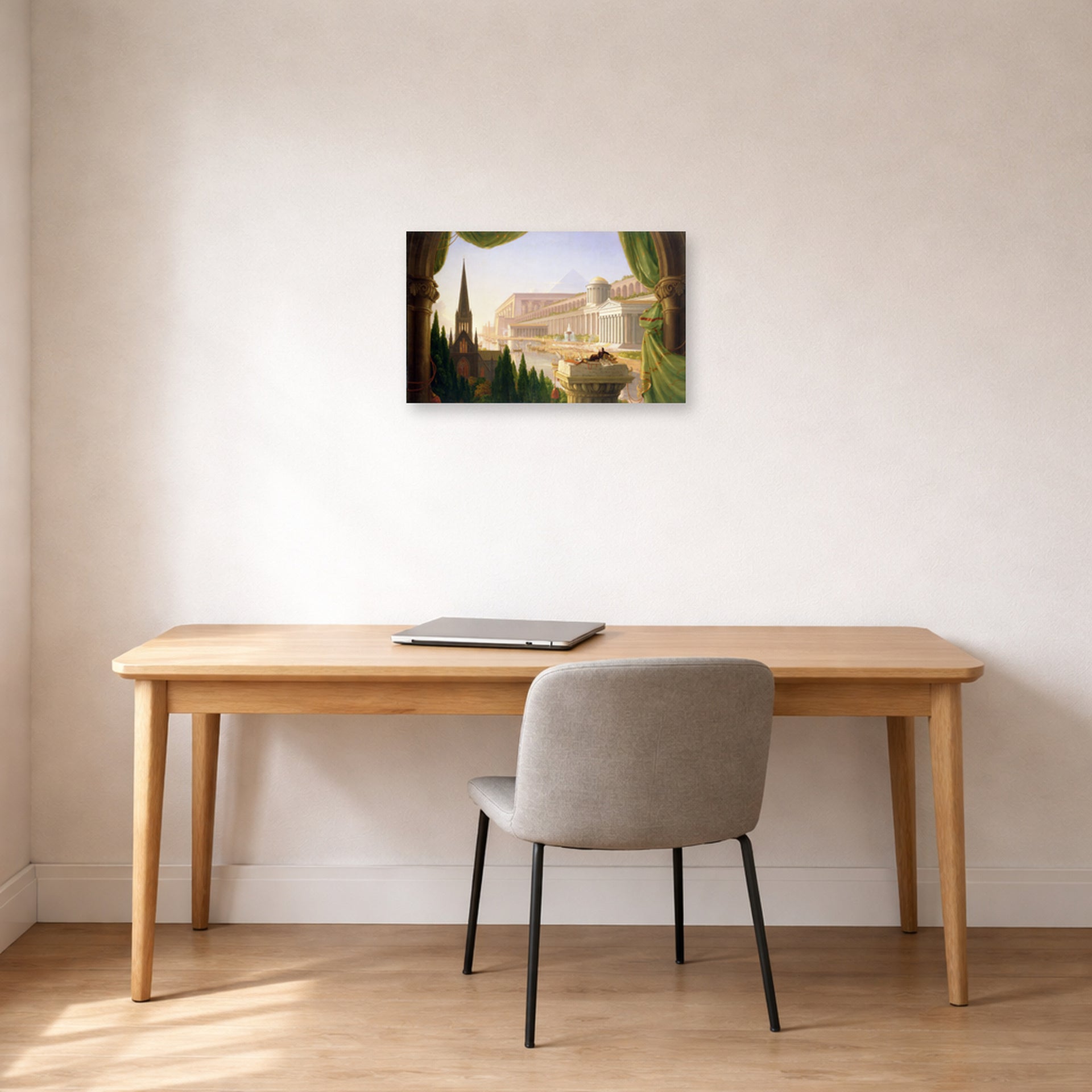 Unframed poster print of Thomas Cole's The Architect's Dream displayed on a wall in a office