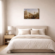 Gallery-wrapped canvas print of Thomas Cole's The Course of Empire Consummation displayed on a wall in a bedroom