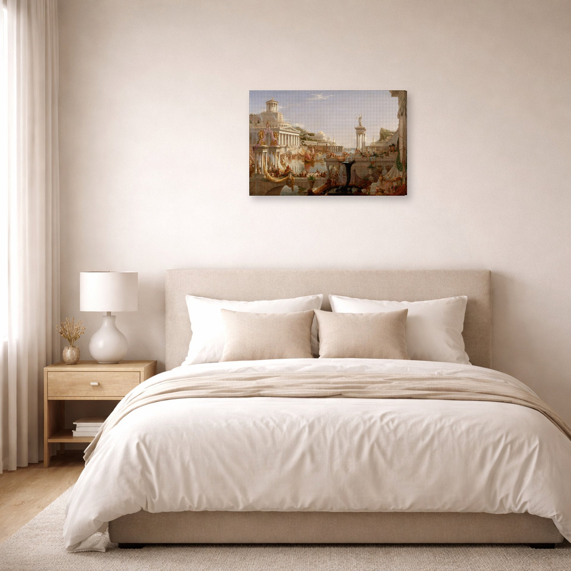 Gallery-wrapped canvas print of Thomas Cole's The Course of Empire Consummation displayed on a wall in a bedroom