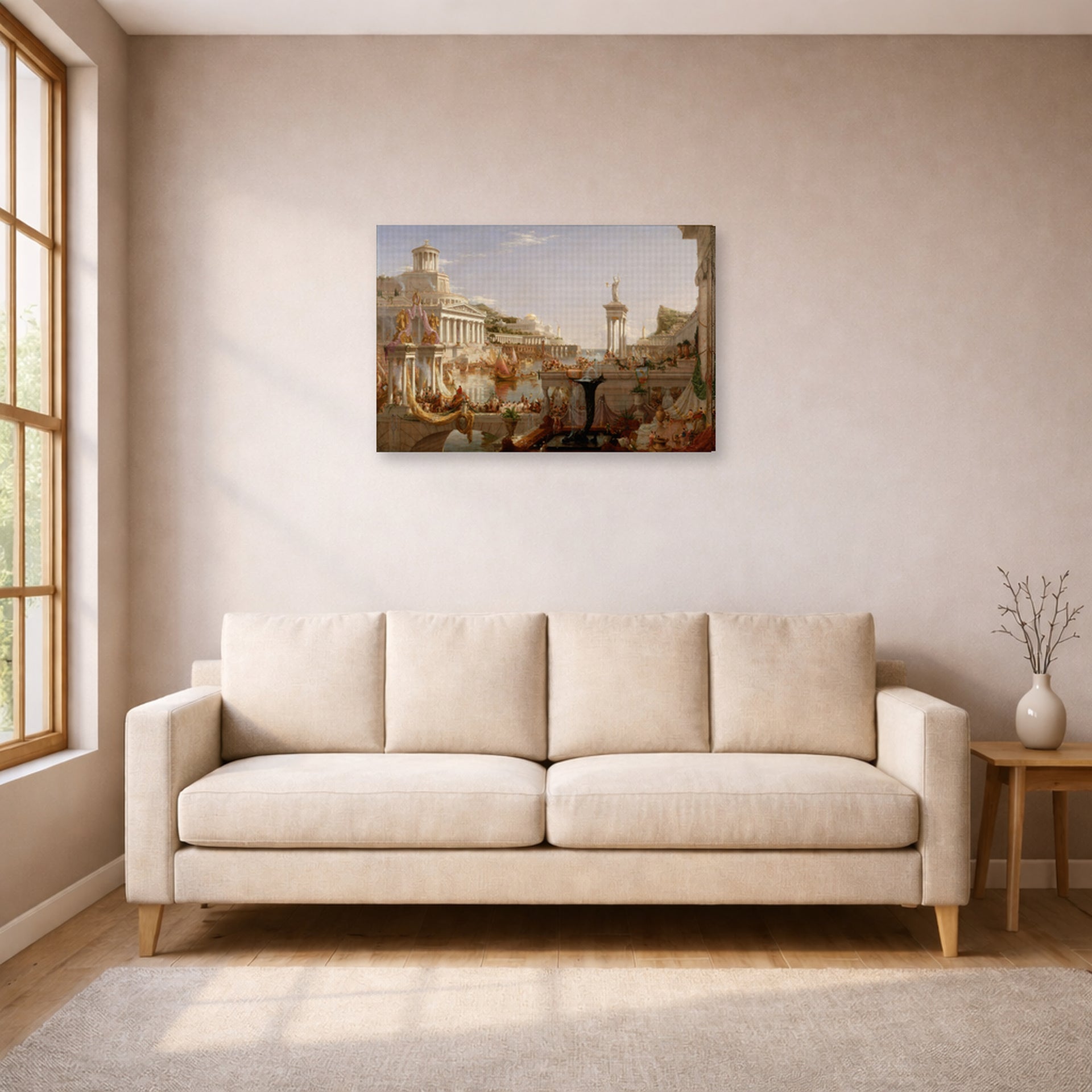 Gallery-wrapped canvas print of Thomas Cole's The Course of Empire Consummation displayed on a wall in a living room