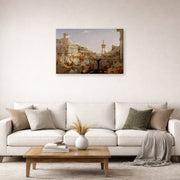 Gallery-wrapped canvas print of Thomas Cole's The Course of Empire Consummation displayed on a wall in a living room