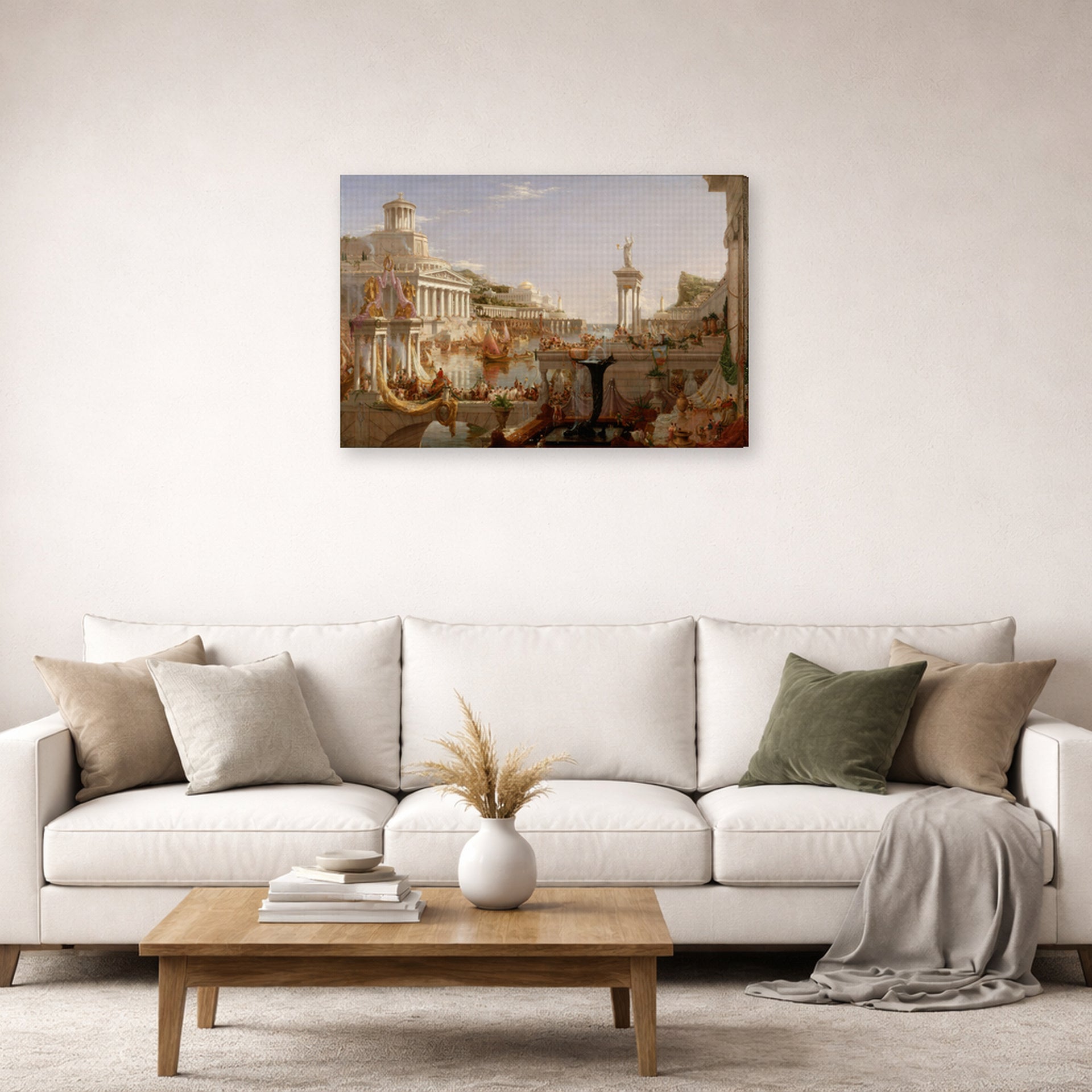 Gallery-wrapped canvas print of Thomas Cole's The Course of Empire Consummation displayed on a wall in a living room