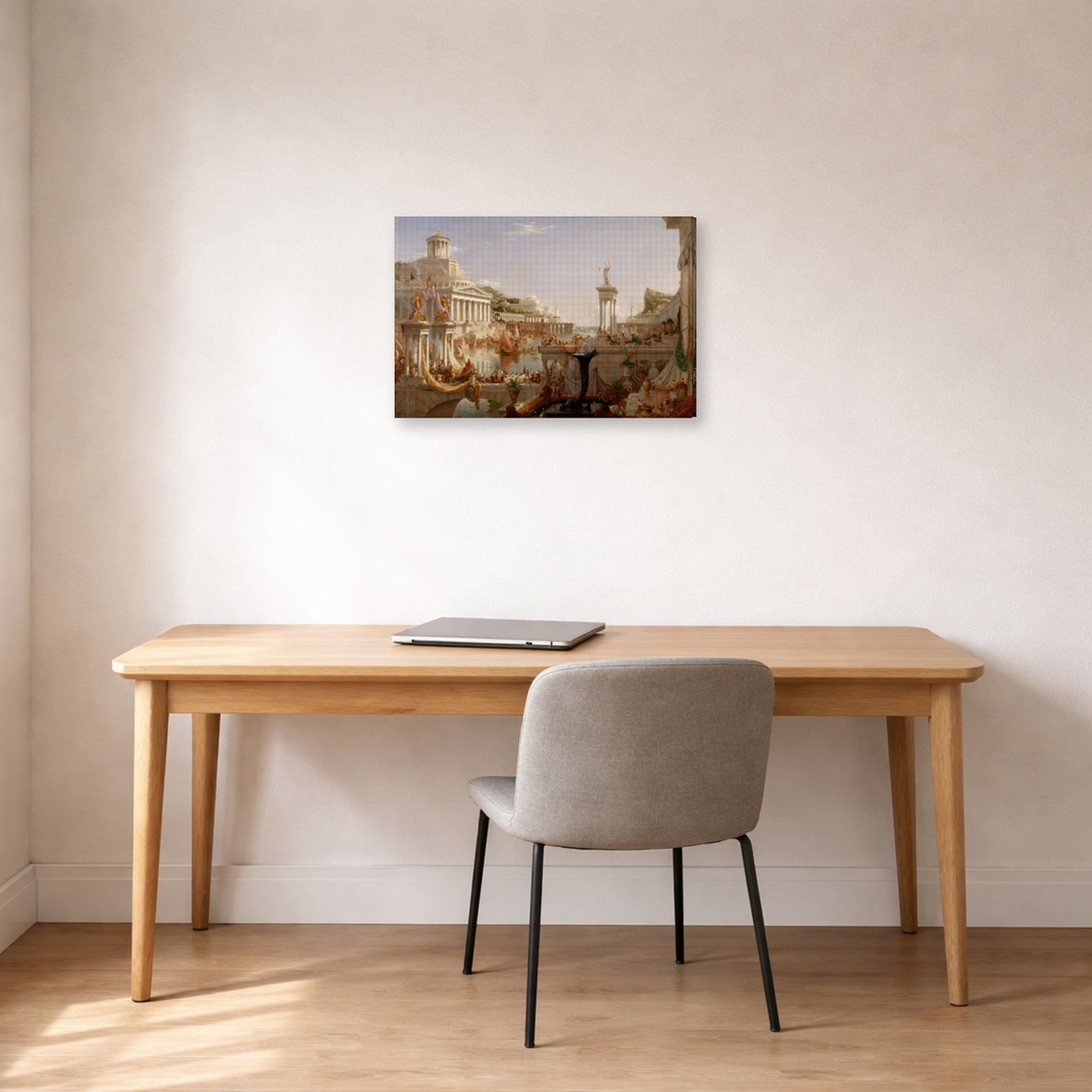 Gallery-wrapped canvas print of Thomas Cole's The Course of Empire Consummation displayed on a wall in a office
