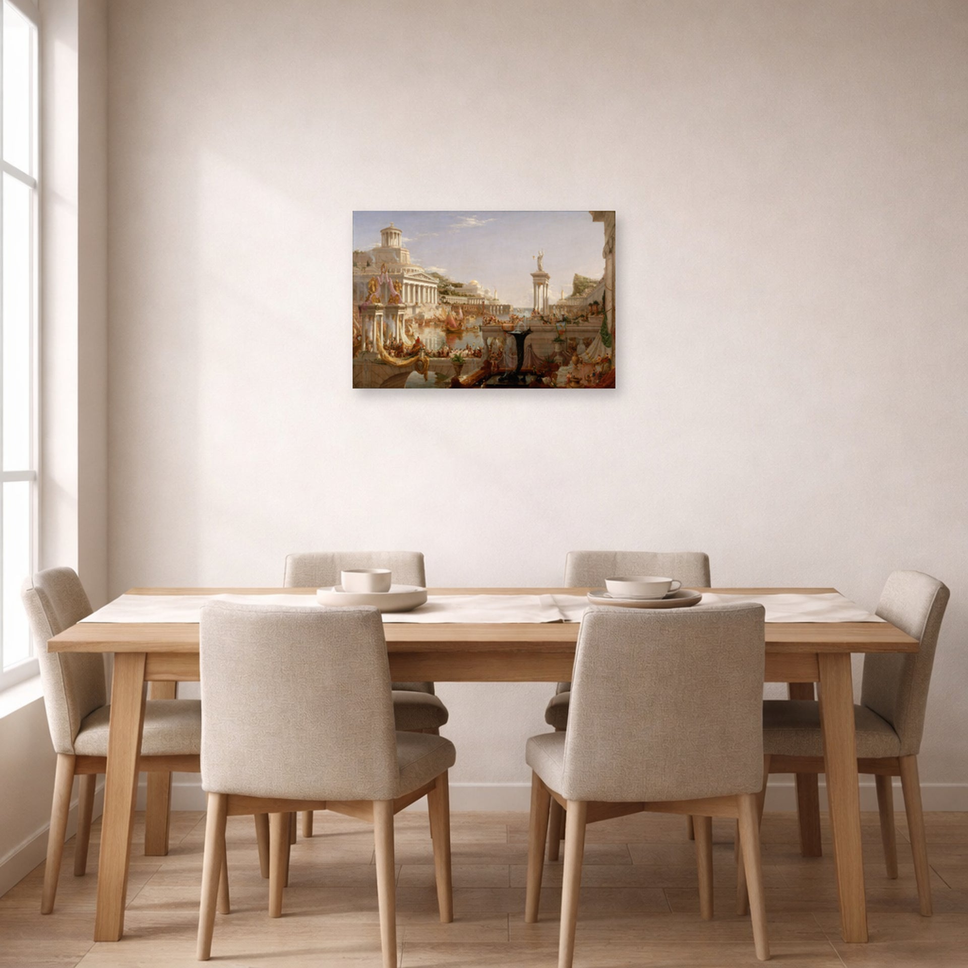 Unframed poster print of Thomas Cole's The Course of Empire Consummation displayed on a wall in a dining room