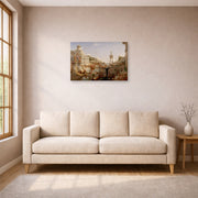 Unframed poster print of Thomas Cole's The Course of Empire Consummation displayed on a wall in a living room
