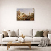 Unframed poster print of Thomas Cole's The Course of Empire Consummation displayed on a wall in a living room