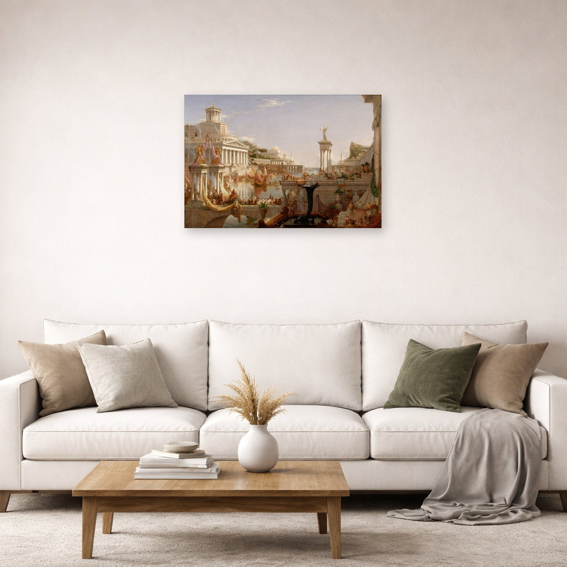 Unframed poster print of Thomas Cole's The Course of Empire Consummation displayed on a wall in a living room