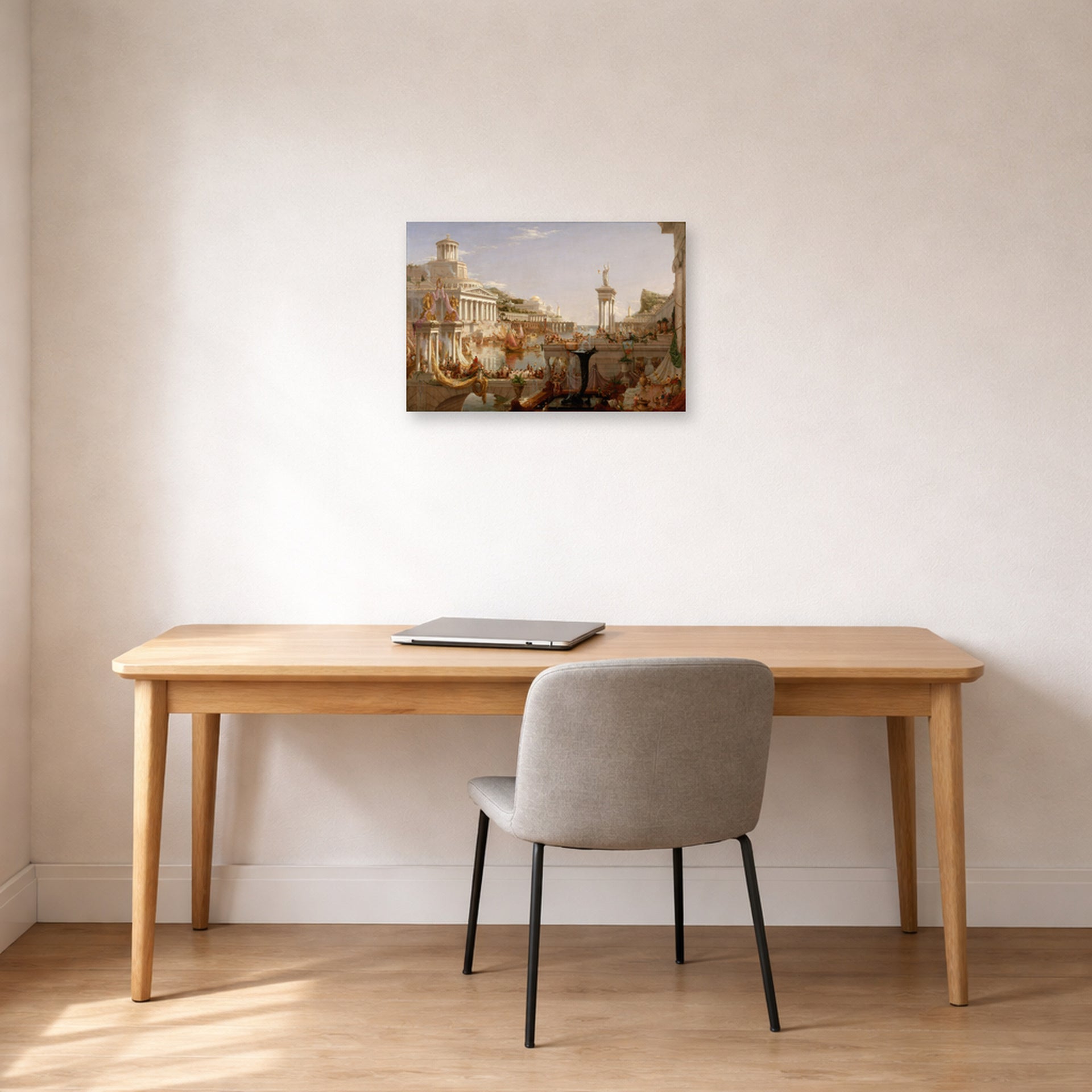 Unframed poster print of Thomas Cole's The Course of Empire Consummation displayed on a wall in a office