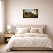 Gallery-wrapped canvas print of Thomas Cole's The Departure displayed on a wall in a bedroom