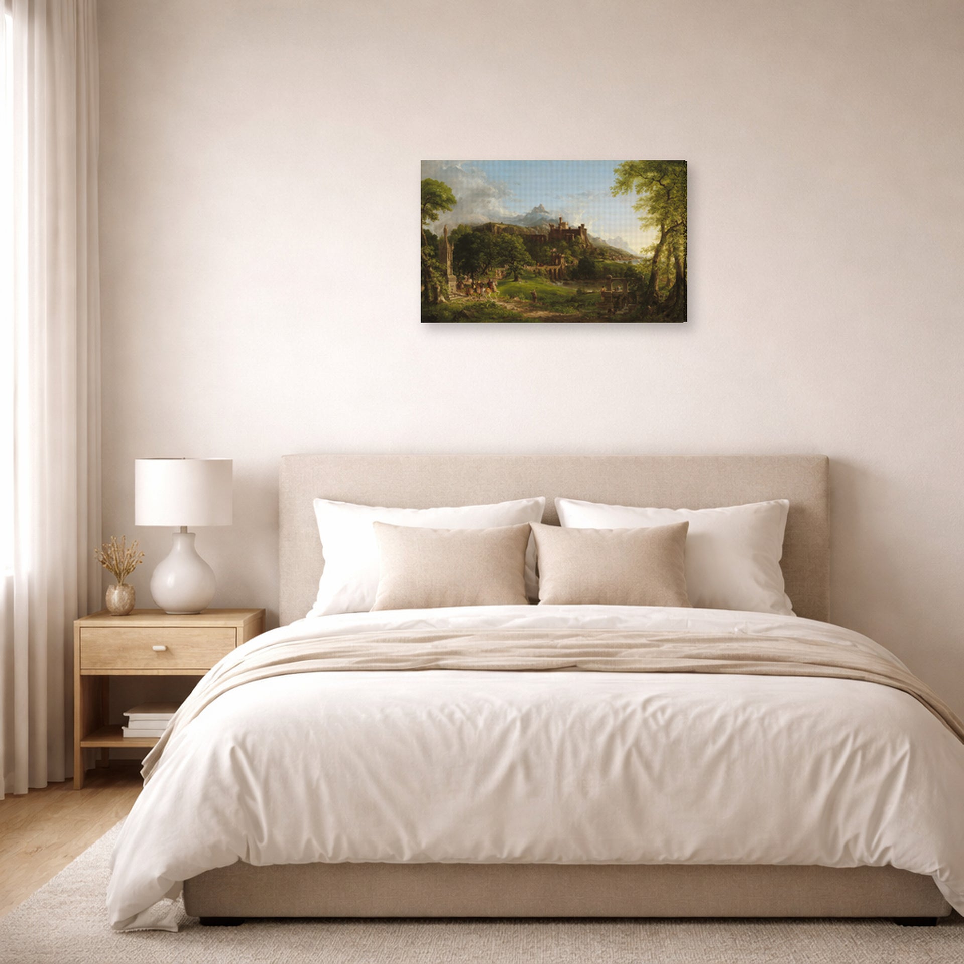 Gallery-wrapped canvas print of Thomas Cole's The Departure displayed on a wall in a bedroom