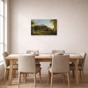 Gallery-wrapped canvas print of Thomas Cole's The Departure displayed on a wall in a dining room
