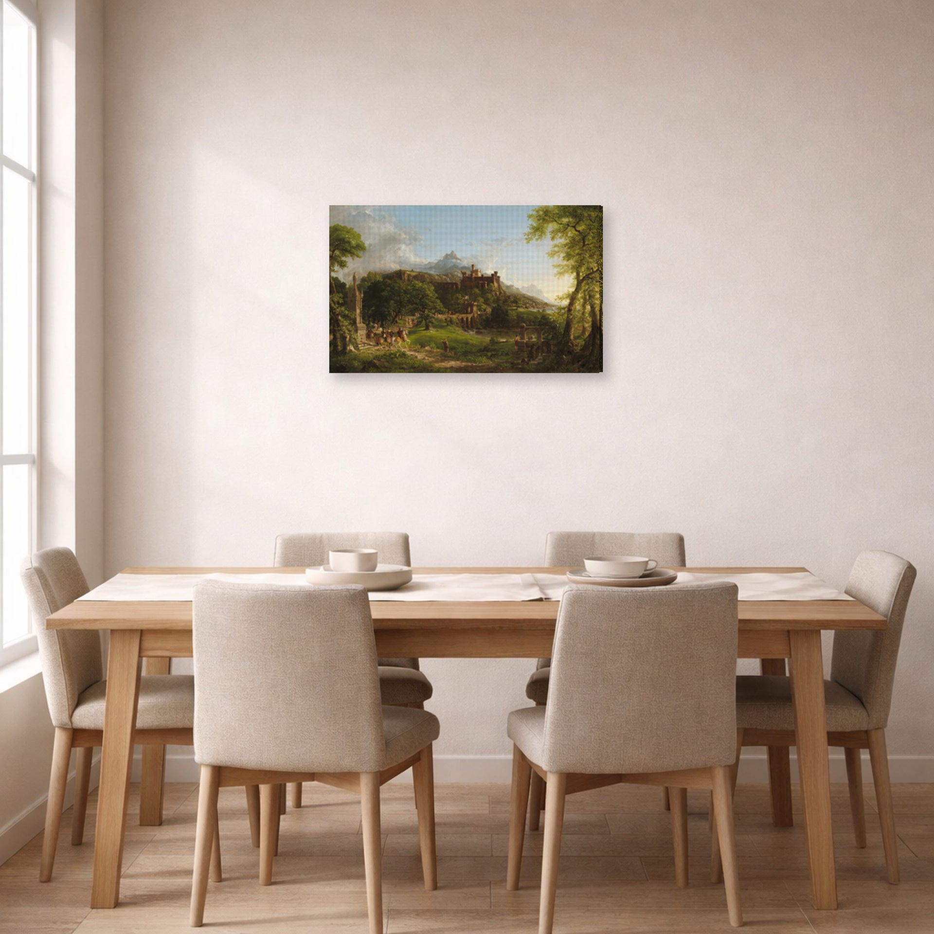 Gallery-wrapped canvas print of Thomas Cole's The Departure displayed on a wall in a dining room