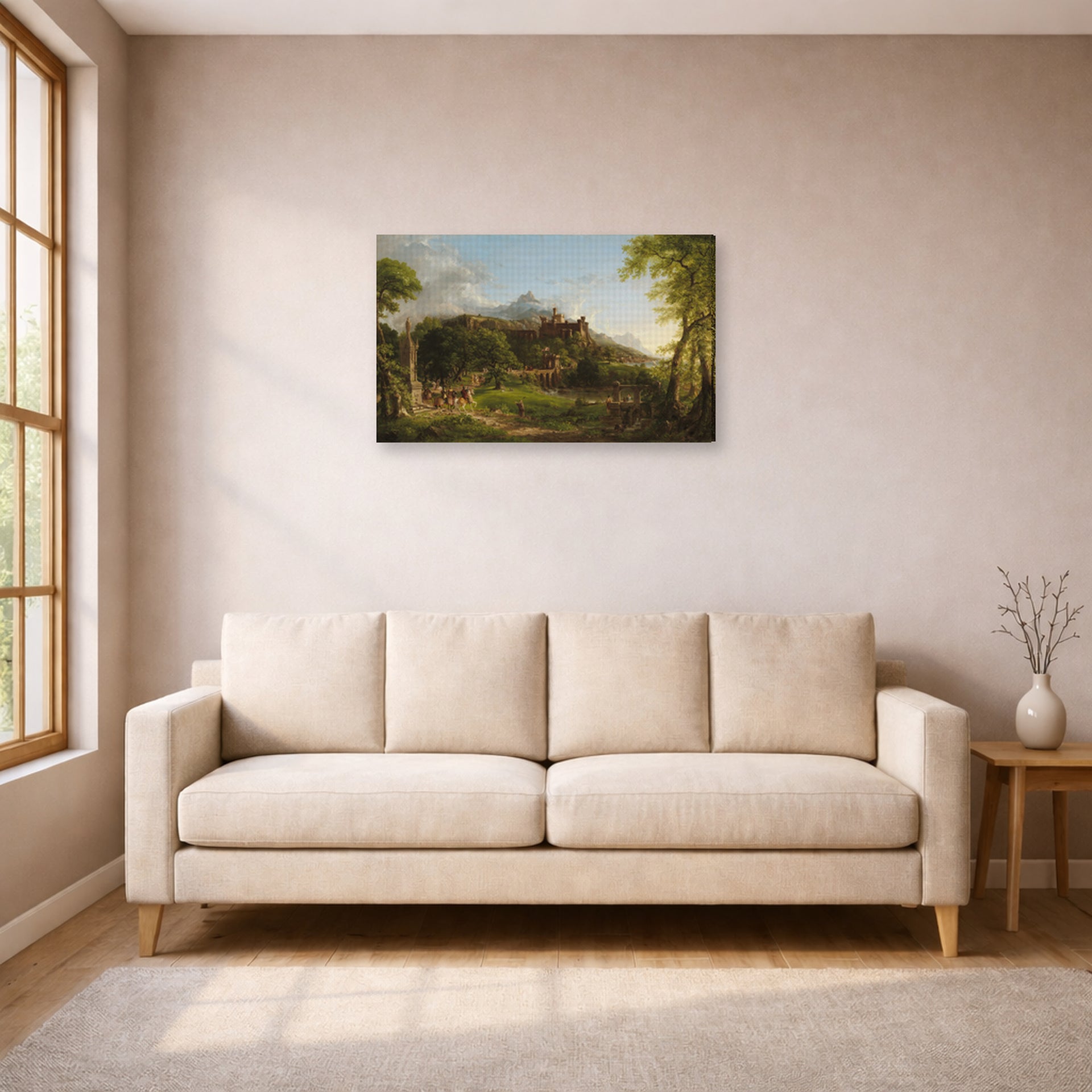 Gallery-wrapped canvas print of Thomas Cole's The Departure displayed on a wall in a living room