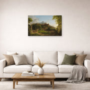 Gallery-wrapped canvas print of Thomas Cole's The Departure displayed on a wall in a living room