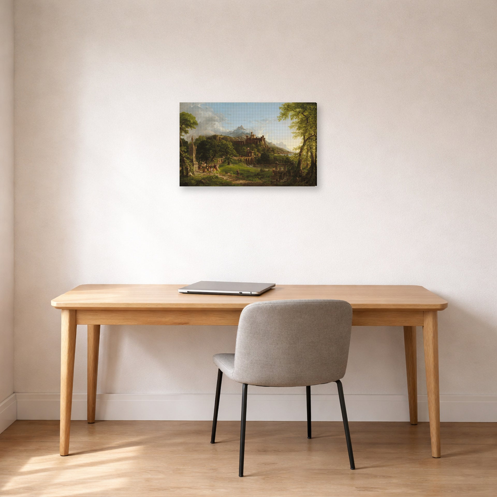 Gallery-wrapped canvas print of Thomas Cole's The Departure displayed on a wall in a office