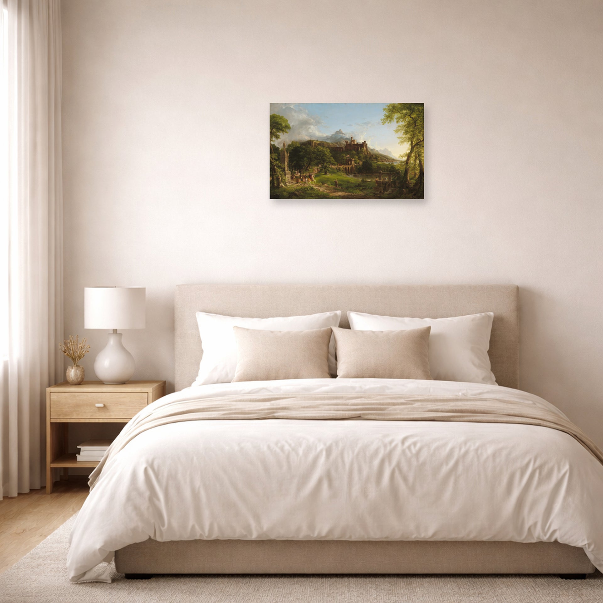 Unframed poster print of Thomas Cole's The Departure displayed on a wall in a bedroom