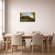 Unframed poster print of Thomas Cole's The Departure displayed on a wall in a dining room