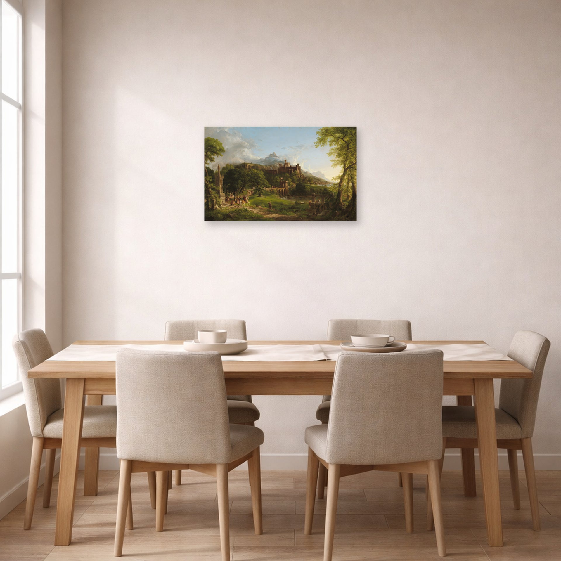 Unframed poster print of Thomas Cole's The Departure displayed on a wall in a dining room