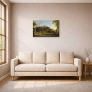 Unframed poster print of Thomas Cole's The Departure displayed on a wall in a living room